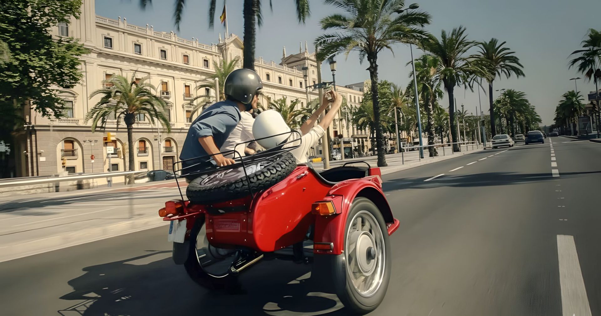Tourists take a selfie with a private guide while riding on a sidecar motorcycle in Barcelona with BrightSide Tours.
