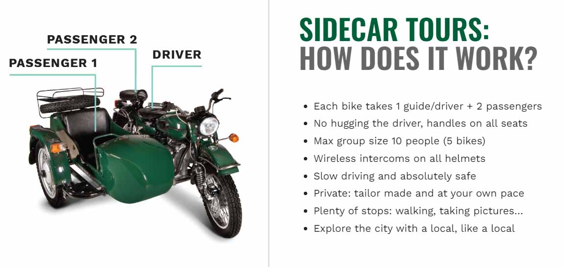 Image of a sidecar motorcycle seating options for private sidecar tours of Barcelona.