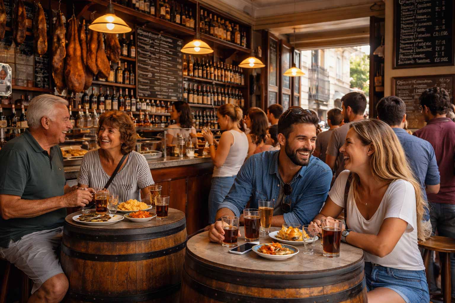 AI generated image of a vemouth bar where customers seat or standing up, while tasting appetizers and local drinks.