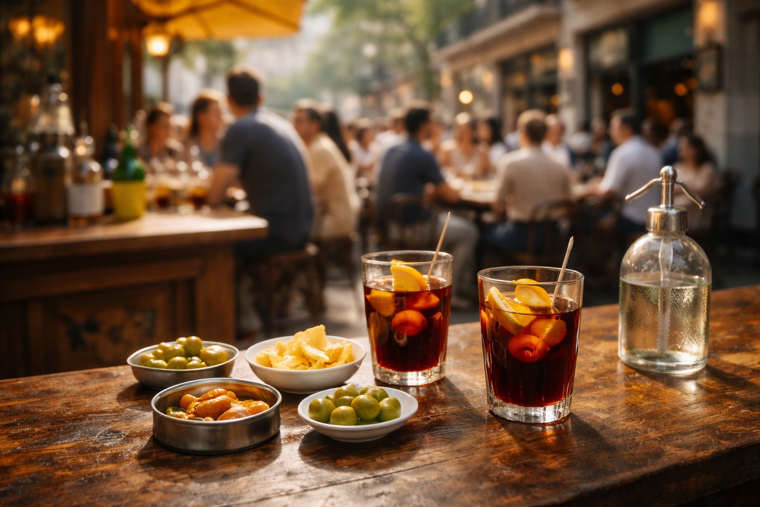 Two glasses of vermouth with some appetizers and soda on a table at an open air terrace bar. AI generated image. 
