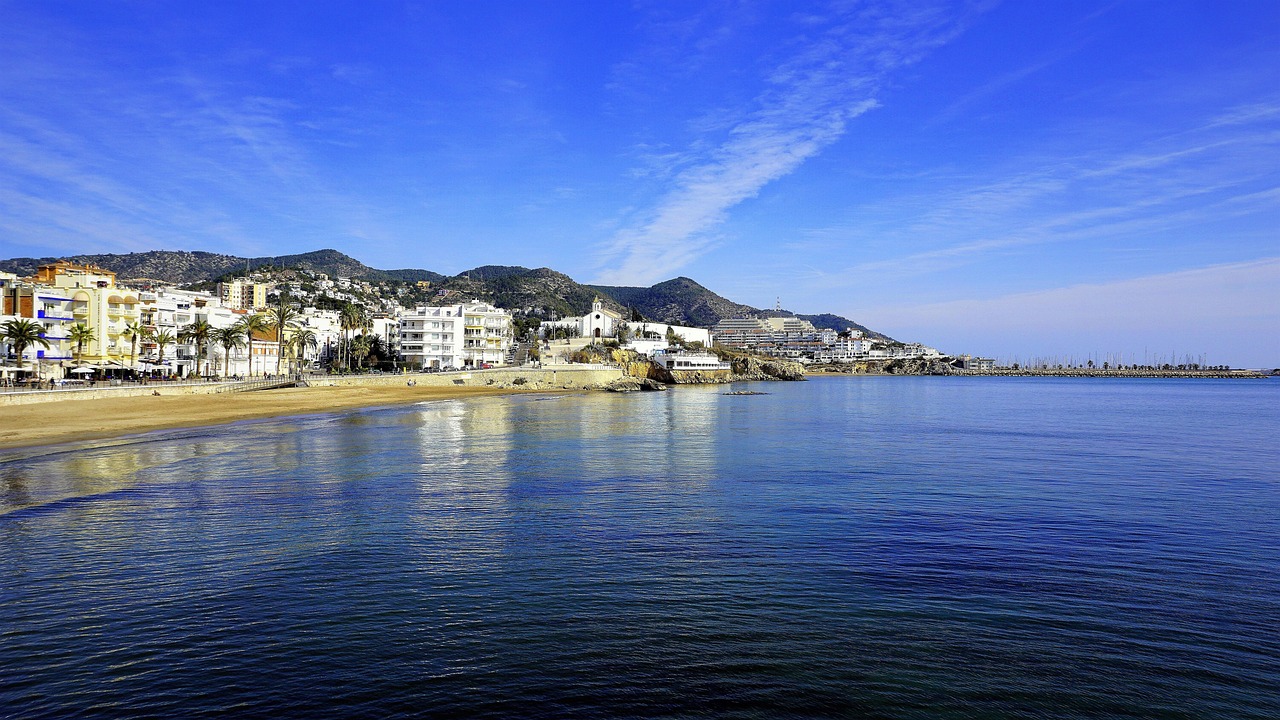 Coastal town of Sitges and beach near Barcelona. 