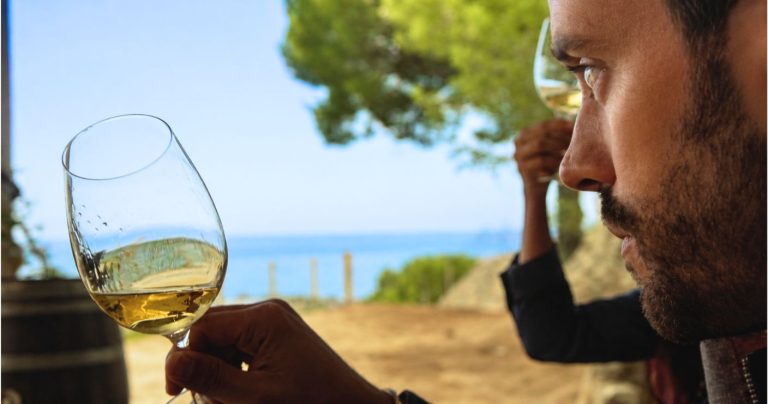 Man observing a glass of white wine on his hand, seating outside by the vineyards with the Mediterranean sea on the background.