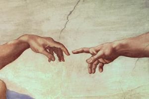 Painting of two hands almost touching each other.