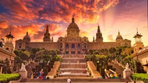 Mnac Museum in Barcelona at sunset.